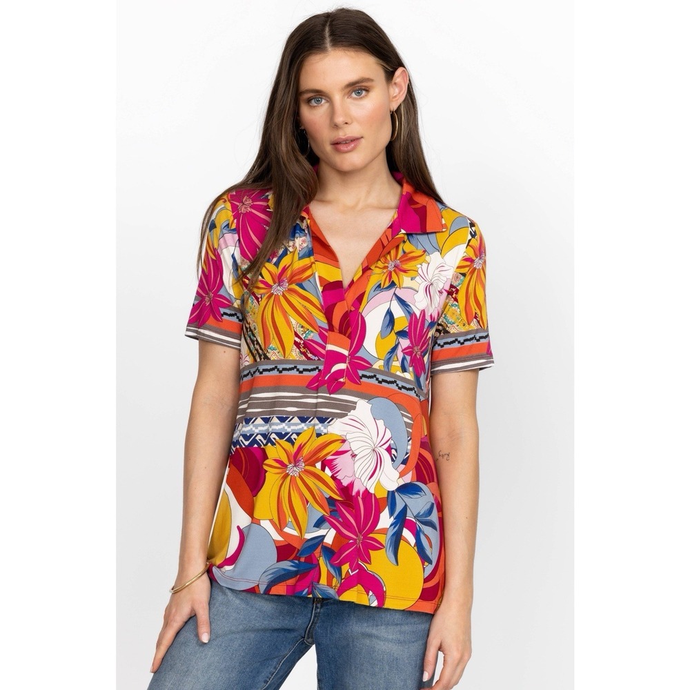 Johnny Was Rachel May Short Sleeve Swing Polo XS Floral Colorful